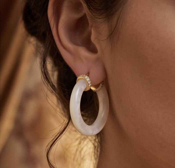 Top quality Sublime Blister Pearl 22K Gold over .925 Sterling Silver handcrafted Earrings - Earring detail, worn on ear, Subline Blister Pearl, 22K Gold over Sterling.