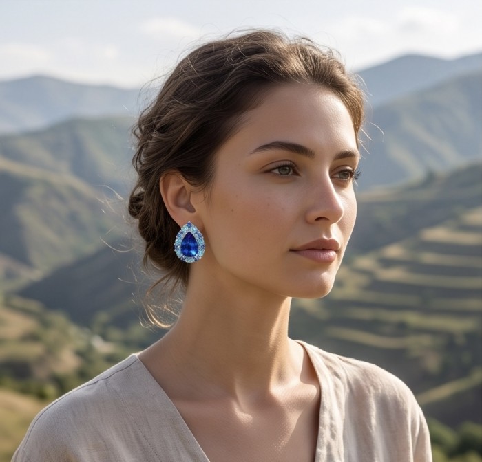 Forget-me-not 7.4 carat London Blue Topaz rhodium over .925 Sterling Silver handmade earrings - Side view of Forget-me-not earrings with London Blue Topaz stone worn.