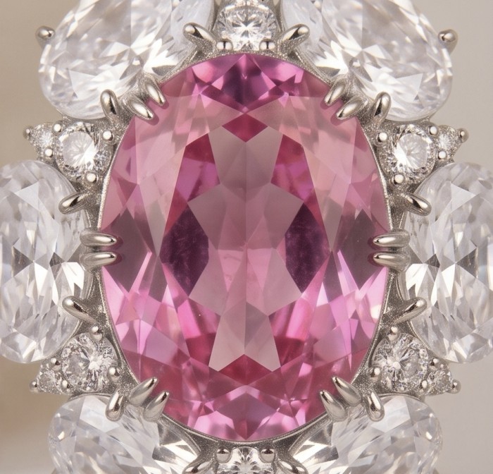Drops of Luxury - Vintage Design 22.5 carat Pink Sapphire .925 Sterling Silver handcrafted Pendant - Close-up of 22.5 carat pink sapphire with diamond accents.