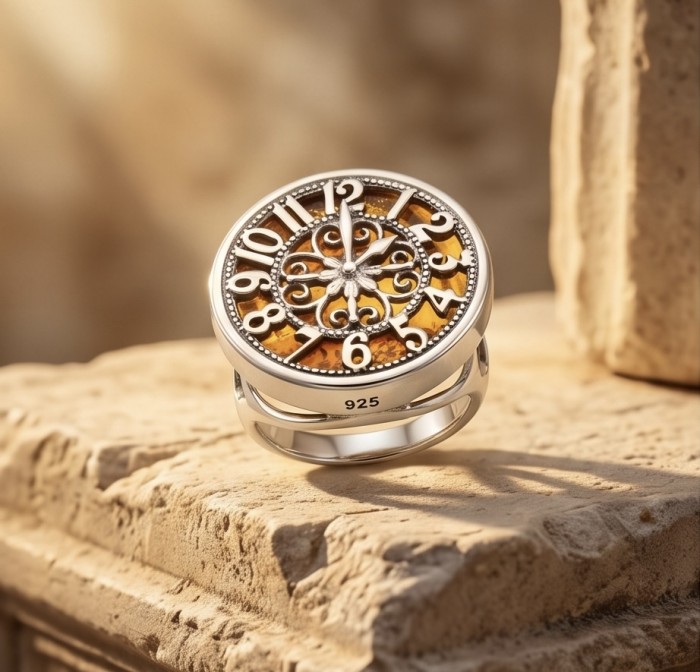 The Light Watchmaker Authentic Baltic Amber .925 Sterling Silver handcrafted ring; s. 6 adjustable - Close-up of ring with amber dial on stone surface.