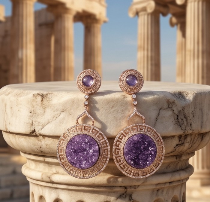 Divine Protection 12.9 carat natural Fancy crashed Amethyst 18K Rose Gold over .925 Sterling Silver Handcrafted earrings - Elegant earrings with amethyst stones on marble with ancient columns backdrop.
