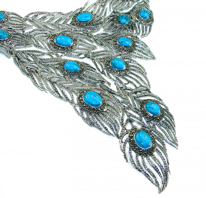 HUGE 102.9 grams Peacock Feather design genuine Turquoise .925 Sterling Silver handcrafted Necklace - photo 2