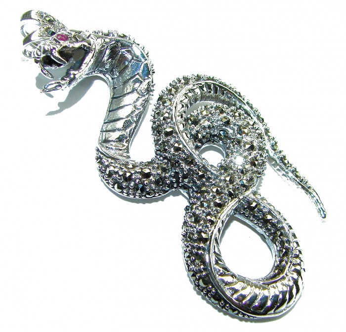 Large 2 1/2 inches long Cobra Snake genuine Marcasite .925 Sterling Silver handmade Pendant Brooch - photo 1