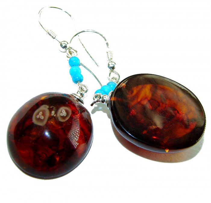 Baltic Polish Amber Turquoise .925 Sterling Silver Earrings - photo 1