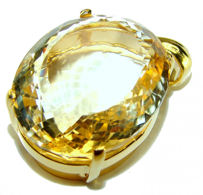 Perfection Oval cut 42.3 carat Lemon Quartz 18K Gold over .925 Sterling Silver handcrafted pendant - Close-up of oval cut 42.3 carat lemon quartz in 18K gold setting.