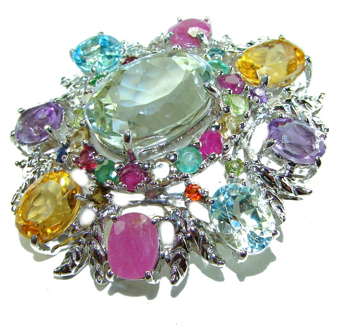 Blooming Garden Brooch - Authentic 55.5 carat Multigem 18K White Gold over .925 Sterling Silver handcrafted Pendant - Colorful multigem brooch close-up, showcasing vibrant stones and intricate design.
