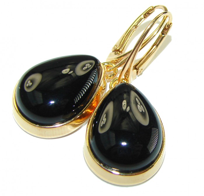 Outstanding authentic Onyx 14K Gold over .925 Sterling Silver Earrings - Onyx earrings in 14K gold over sterling silver, angled close-up.