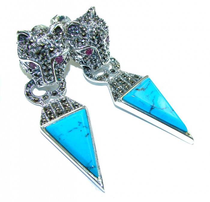 Spectacular Blue Panthers inlay Turquoise .925 Sterling Silver handcrafted Earrings - Blue panther earrings with turquoise inlay, front view.