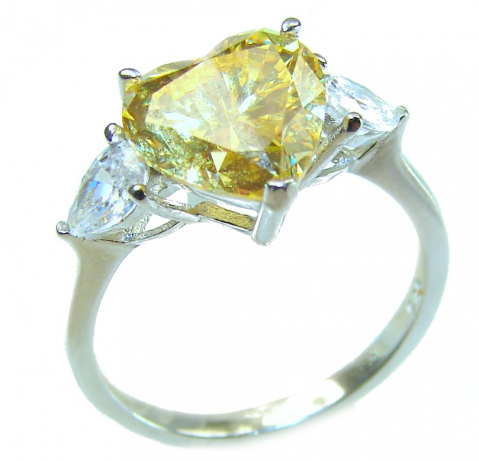 Endless Love 4.5 carat Heart cut Yellow Sapphire .925 Sterling Silver handcrafted ring; s. 8 - Side view of heart-cut yellow sapphire ring with side stones.