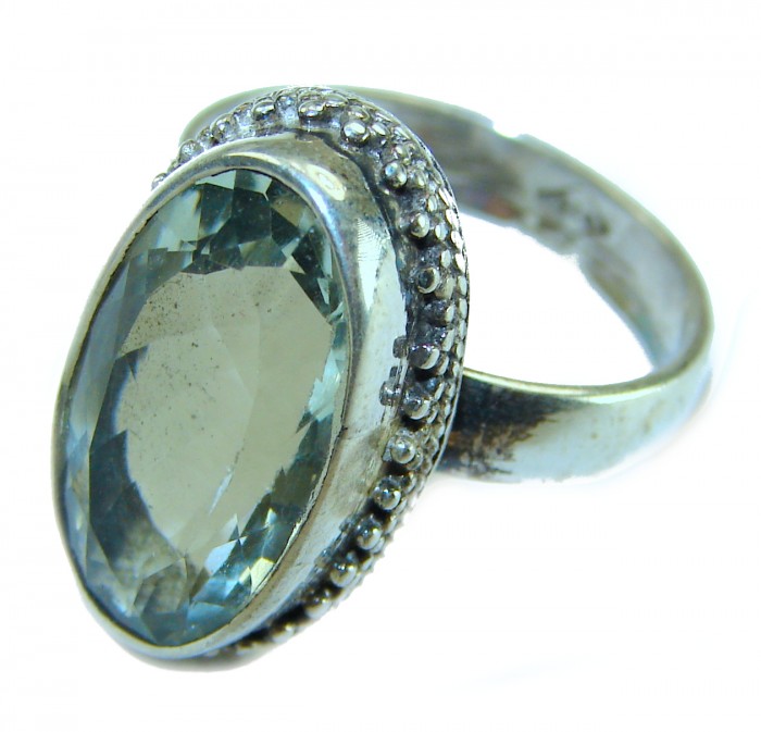 Green Ivy 6.2 CARAT Green Amethyst Prasolite .925 Sterling Silver handmade Ring s. 8 - Green amethyst ring close-up, oval stone with sterling silver setting.