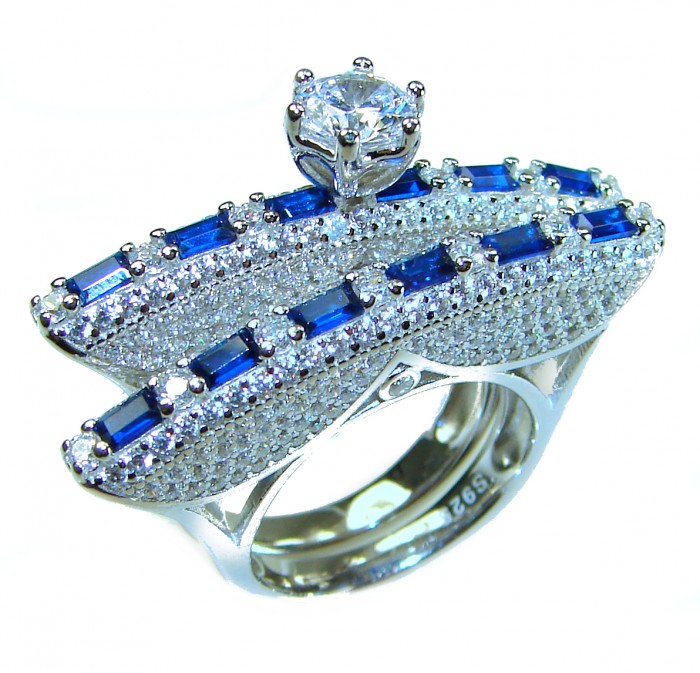 Extravaganza Large 5.6 carat Sapphire .925 Sterling Silver brilliantly handcrafted stack up ring s. 6 - Side view of ornate sapphire and sterling silver ring.