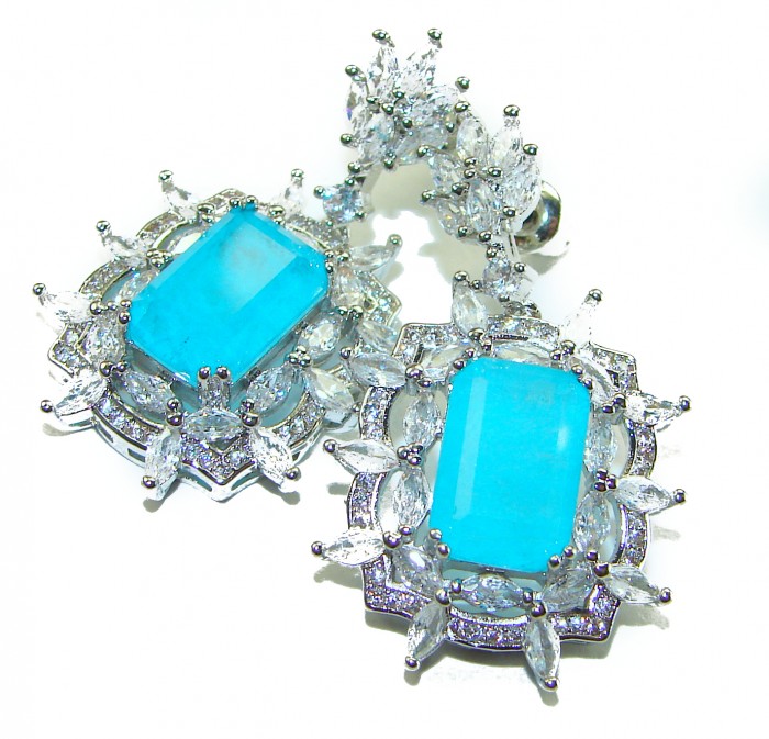 Royalty baquete cut 12.2 carat Paraiba Tourmaline .925 Sterling Silver entirely handmade earrings - Paraiba tourmaline earrings close-up with clear gemstone accents.