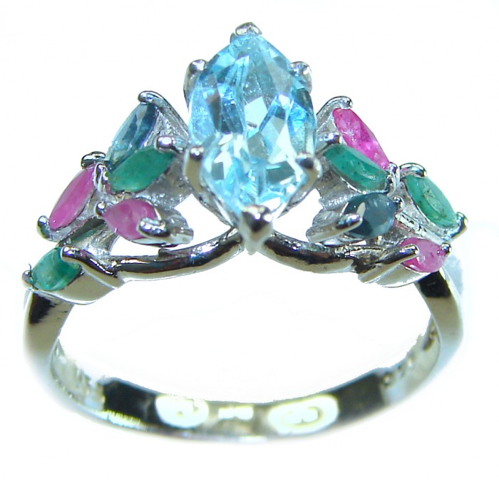 Blue Angel marquise cut 4.8 carat Swiss Blue Topaz .925 Sterling Silver handcrafted ring size 8 - Blue Angel marquise cut ring with gems, front view.