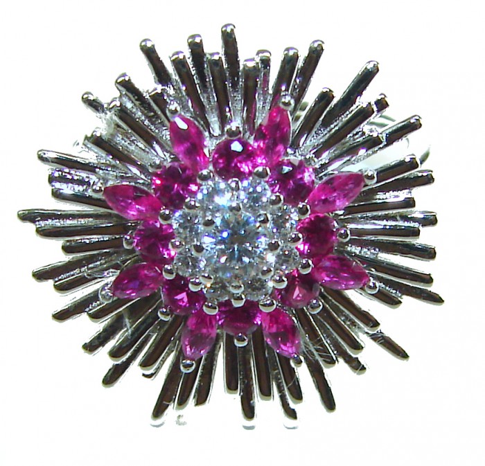 Royal red Star Genuine 6.5 CARAT Ruby .925 Sterling Silver Statement Ring size 6 1/4 - Ruby and silver brooch, front view, starburst design close-up.