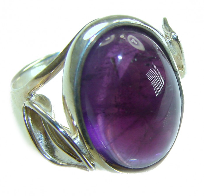 Purple Amethyst .925 Sterling Silver Handcrafted Large Ring size 7 1/2 - Close-up of purple amethyst in sterling silver ring setting.