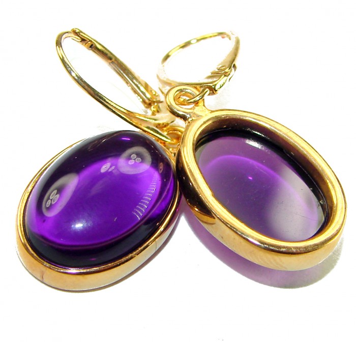 Lavender Beauty authentic 10.2 carat Amethyst 14K Gold over .925 Sterling Silver handcrafted earrings - Amethyst earrings close-up, oval stones in gold setting.