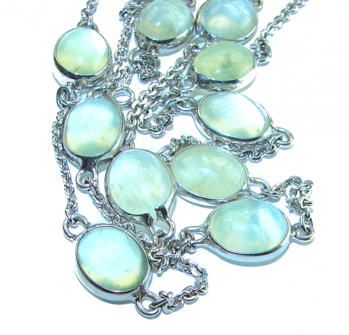 New Universe - Genuine Moss Prehnite .925 Sterling Silver handmade 26 inches long necklace - Close-up of genuine Moss Prehnite in .925 sterling silver necklace.