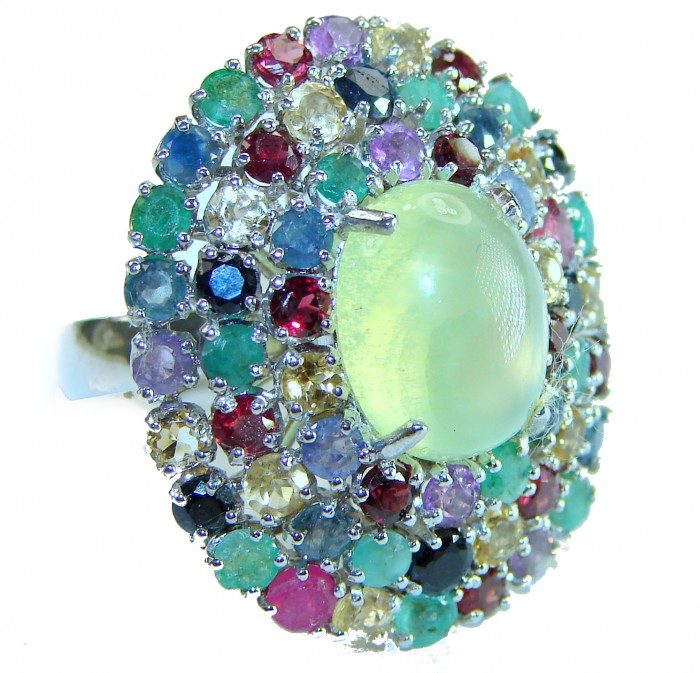 Royal quality genuine Prehnite .925 Sterling Silver handcrafted .925 Sterling Silver handcrafted ring s. 7 1/4 - Close-up of a multicolored Prehnite and gemstone ring in silver.