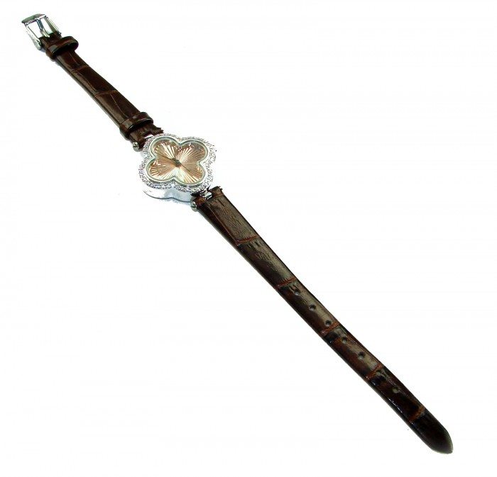 Precious Four Leaf Clover Genuine Leather strap .925 Sterling Silver handmade Watch - Top view of clover pendant watch with leather strap and silver details.