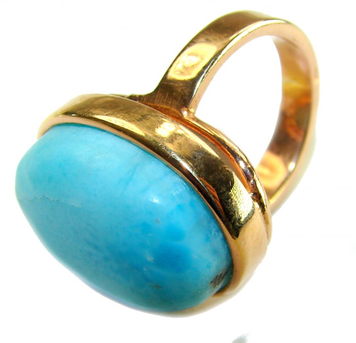 Blue Perfection AAAA QUALITY Blue Larimar 18K Gold over .925 Sterling Silver handmade Large ring size 8 adjustable - Blue Larimar ring in 18K gold, side view highlighting the stone.