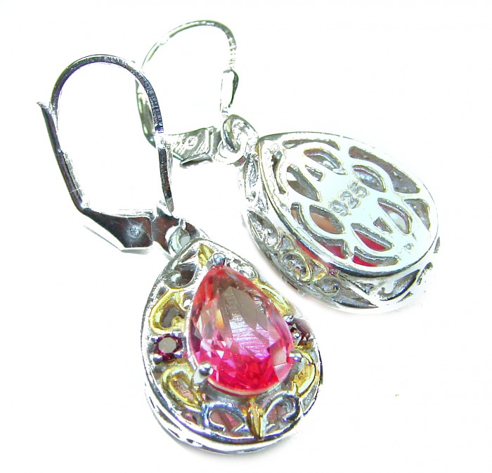 Genevieve 8.5 carat genuine Brazilian Watermelon Tourmaline .925 Sterling Silver handcrafted Statement earrrings - Close-up of Genevieve earrings with Brazilian Watermelon Tourmaline.