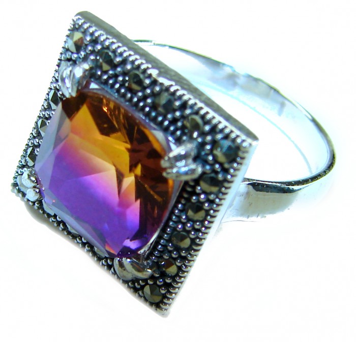 7.5 carat Ametrine Marcasite .925 Sterling Silver HANDCRAFTED Ring s. 7 - Close-up of Ametrine Marcasite Sterling Silver ring, top angle view