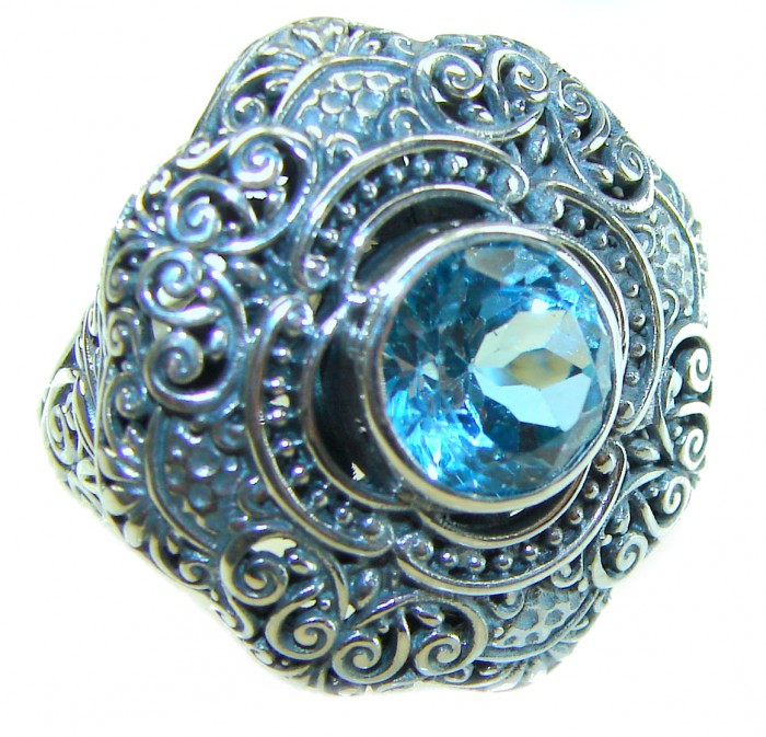 Pacifica 3.8 carat Swiss Blue Topaz .925 Sterling Silver handcrafted Large ring size 6 - Close-up of intricate sterling silver ring with Swiss blue topaz stone.