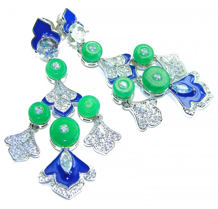 Art Deco - 8.8 carat Jade coral lapis lazuli enamel .925 Sterling Silver handmade Statement LONG Earrings - Close-up of Art Deco jade, lapis lazuli, and enamel earrings.