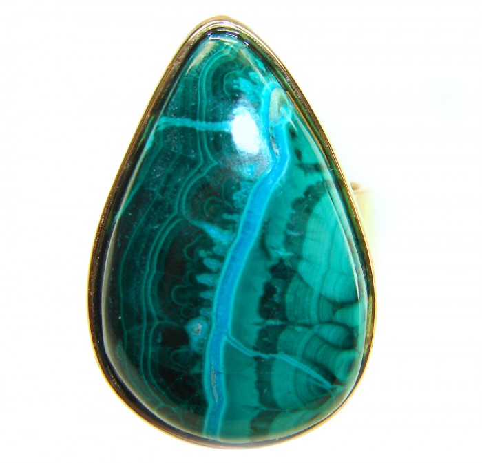 Amazonia 24.5 CARAT genuine Malachite from Ural .925 Sterling Silver dipped in 18K ROSE GOLD handcrafted ring size 7 adjustable - Close-up of Amazonia 24.5 carat Malachite ring set in .925 sterling silver.