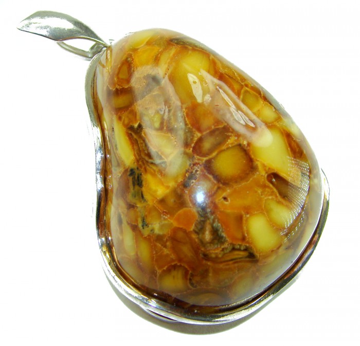 Large Prehistoric Authentic Baltic Amber .925 Sterling Silver beautifully handcrafted Pendant - Close-up of Baltic amber pendant with .925 sterling silver setting