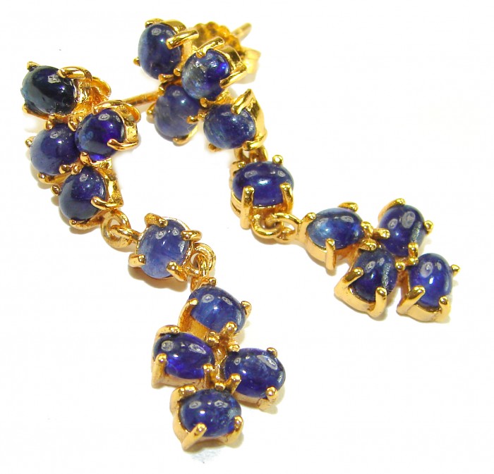 Giovanna - Authentic 11.9 carat Sapphire 18K Gold over .925 Sterling Silver handcrafted earrings - Close-up of Giovanna sapphire and gold earrings.