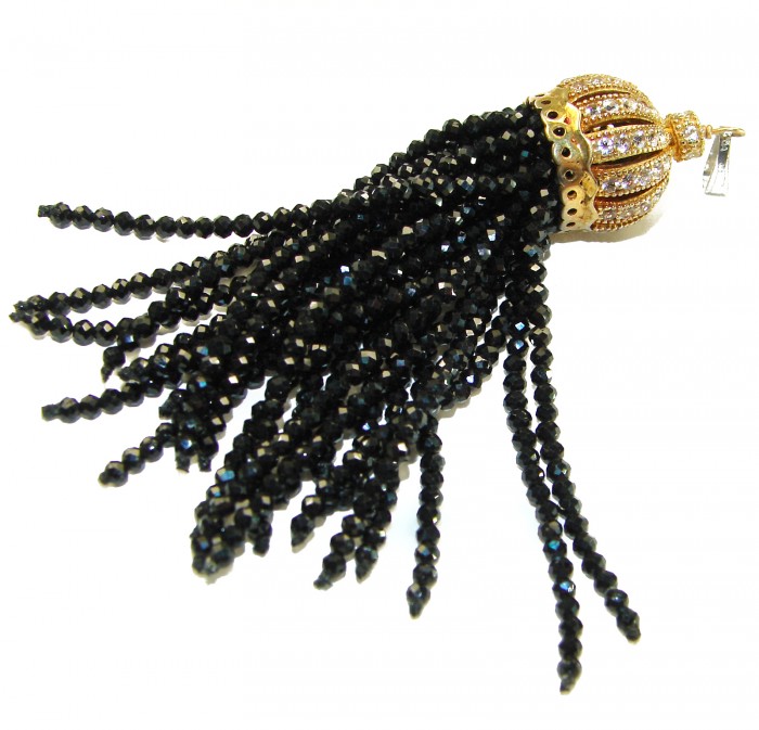 Artisan Design Spinel 14K Gold over .925 Sterling Silver pendant - Tassel pendant with black spinel and gold detail, side view.