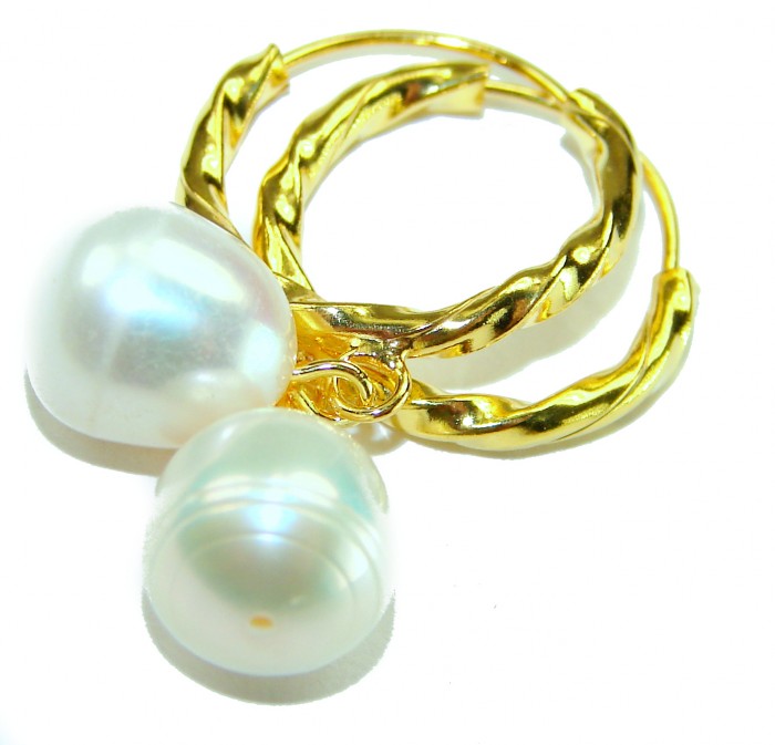 Genuine Pearl 14K Gold over .925 Sterling Silver handcrafted Statement Earrings - Gold hoop earrings with genuine pearls, close-up view.