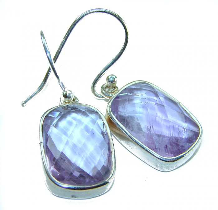 Lavender Fields 14.2 carat Pink Amethyst .925 Sterling Silver handcrafted Statement earrings - Close-up of dangling pink amethyst earrings in sterling silver.