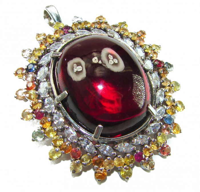 Oversized! Rare finding! Deluxe 67.2 carat authentic Red Topaz rhodium over .925 Sterling Silver handmade Statement Pendant - Close-up of deluxe oversized red gemstone pendant with colorful stones