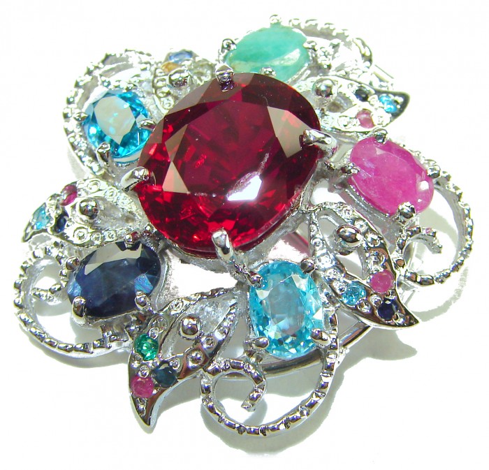 Rose Garden - Victorian style - 14.5 carat Authentic Ruby .925 Sterling Silver handcrafted Pendant Brooch - Close-up of Rose Garden brooch with 14.5 carat ruby and multicolor gems.