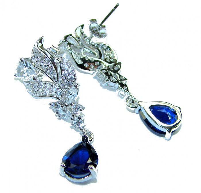 Giovanna - Authentic pear cut 3.9 carat Sapphire .925 Sterling Silver handcrafted earrings - Giovanna earrings close-up, pear cut Sapphire, intricate detailing.