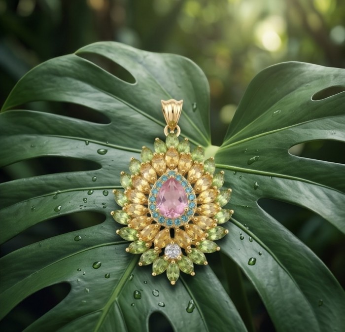 Giovanna - Victorian style - 55.5 carat Authentic Rose Quartz Brazilian Peridot .925 Sterling Silver handcrafted Pendant - Victorian-style pendant with rose quartz on a leaf, front view.