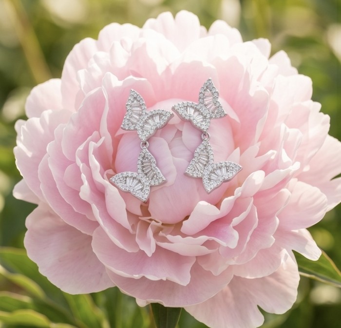 Four Butterflies natural 7.5 carat White Topaz .925 Sterling Silver handmade Statement Earrings - Butterfly earrings on pink flower, showcasing white topaz details.