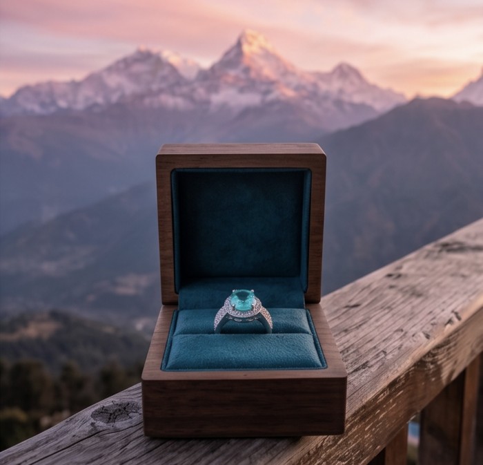 Elizabeth oval cut 10.4 carat Colombian Emerald .925 Sterling Silver dipped in rhodium handcrafted Ring size 7 1/4 - Emerald ring front view with mountain background in wooden box.