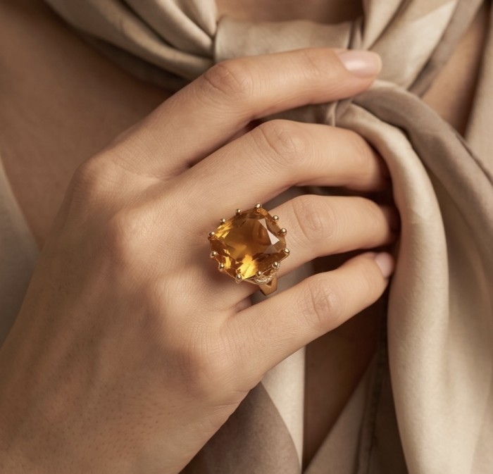 Liliana 24.5 carat Champagne Smoky Topaz .925 Sterling Silver dipped in real 18K Gold Oversized Ring size 6 - Worn on hand: Liliana 24.5ct Champagne Smoky Topaz ring.