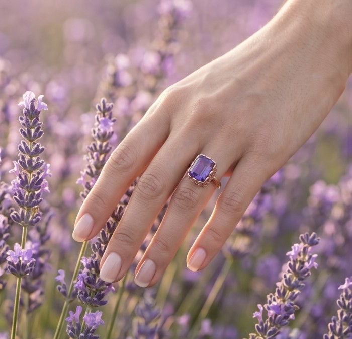 Purple Royalty 14.5 carat Amethyst .925 Sterling Silver dipped in 18K Gold Handcrafted Ring size 9 1/4 - Amethyst ring worn on hand among lavender flowers.
