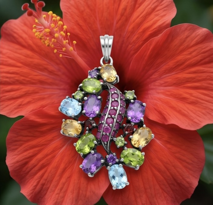 Summer Breeze Precious Multigem .925 Sterling Silver .925 Sterling Silver dipped in black rhodium Pendant - Pendant with multicolored gems on hibiscus flower backdrop, close-up view