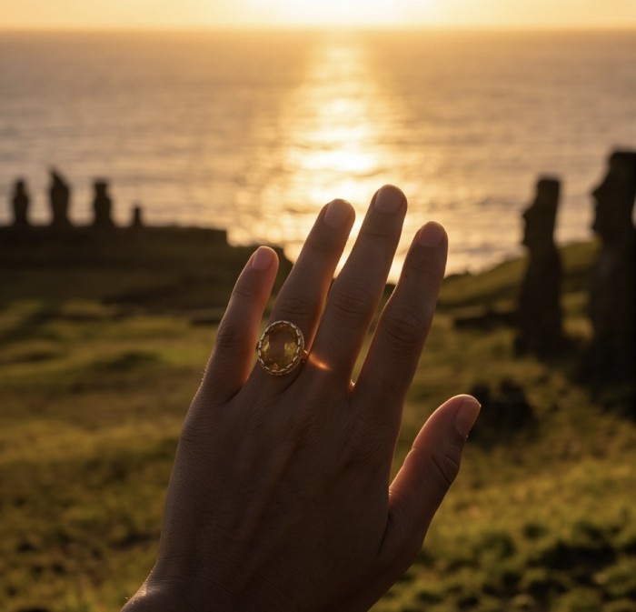 GIOVANNA 48.8 carat Genuine oval CUT Heliodor rhodium over .925 Sterling Silver handcrafted ring size 10 - Heliodor ring worn on hand with sunset and statues in background.