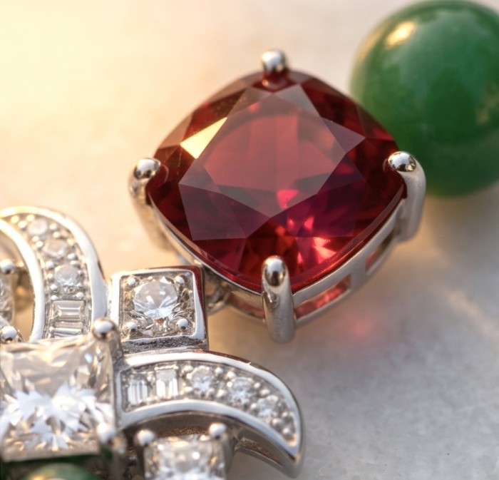 Francesca - Luxurious natural 39.8 carat Ruby Emerald rhodium over .925 Sterling Silver handmade Statement earrings - Close-up of ruby and diamond jewelry with emerald accents