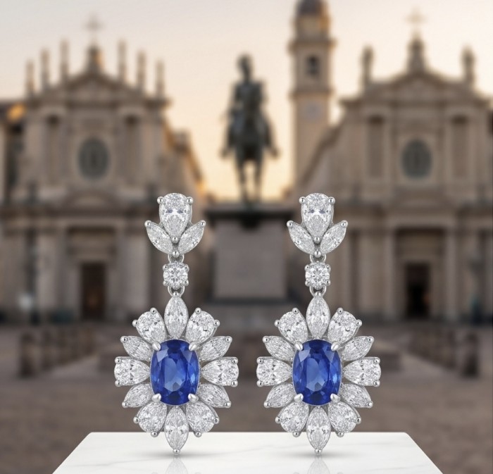 Best quality 3.9 carat African Kyanite .925 Sterling Silver handcrafted earrings - Close-up of African Kyanite earrings with diamonds, front view.