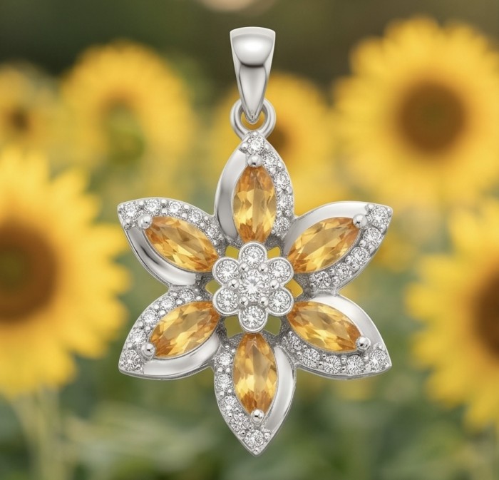 Golden Star 8.5 carat Brazilian Citrine .925 Sterling Silver dipped in Rhodium handmade Pendant - Golden Star citrine pendant close-up against sunflower background