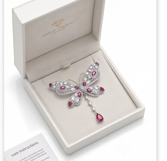 Vintage Design - Red Butterfly - Genuine 10.2 carat Ruby 14k rhodium over .925 Sterling Silver handmade Pendant Brooch - Butterfly brooch in box, top view, with rubies and diamonds.