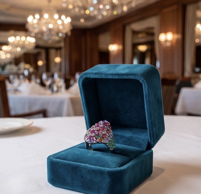 Blooming Garden Authentic 25.5 carat Multigem .925 Sterling Silver brilliantly handcrafted Ring size 8 - Multigem ring in open box, sparkling in a dining room setting.