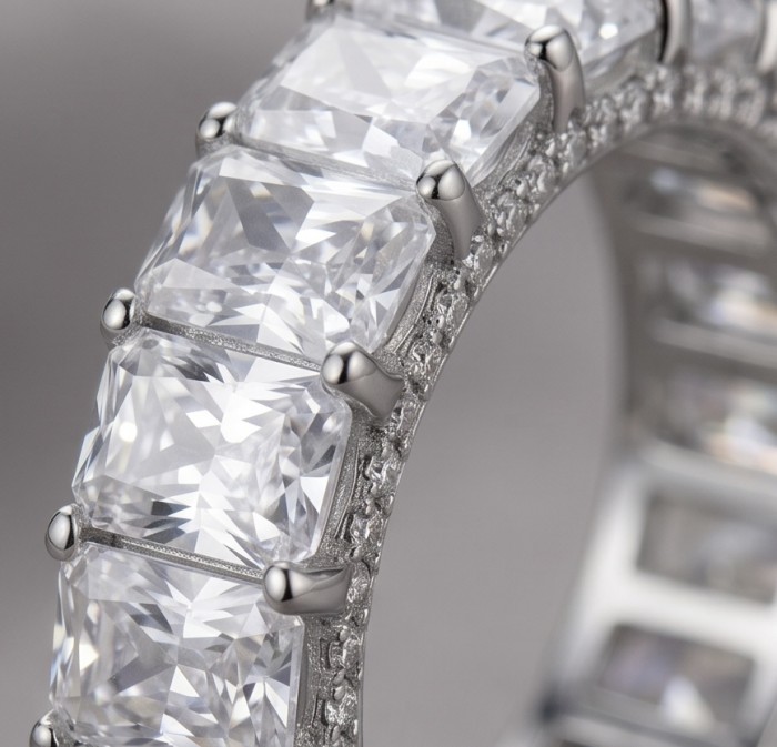 Eternity- 14.8 carat White Topaz Silver tone handcrafted Soild ring size 6 - Close-up of eternity band with white topaz stones in silver setting